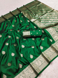 Smart Green Soft Banarasi Silk Saree With Magnificat Blouse Piece