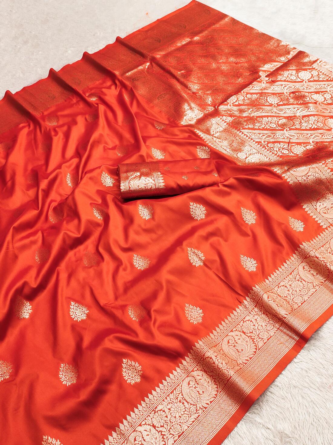 Charming Orange Soft Banarasi Silk Saree With Angelic Blouse Piece