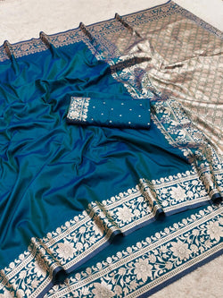 Engaging Blue Pure Zari Weaving Banarasi Silk Saree With Twirling Blouse Piece