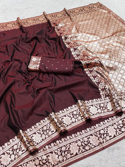 Amiable Brown Pure Zari Weaving Banarasi Silk Saree With Smashing Blouse Piece
