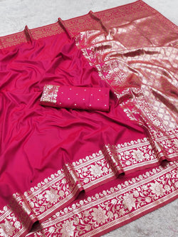 Staggering Dark Pink Pure Zari Weaving Banarasi Silk Saree With Symmetrical Blouse Piece
