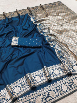 Exuberant Teal Blue Pure Zari Weaving Banarasi Silk Saree With Supernal Blouse Piece