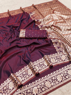 Breathtaking Wine Pure Zari Weaving Banarasi Silk Saree With Desuetude Blouse Piece