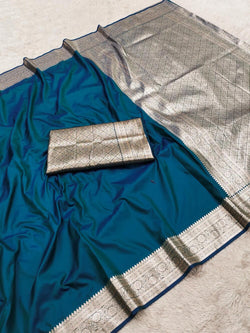 Classy Blue Pure Zari Weaving Banarasi Silk Saree With Whimsical Blouse Piece
