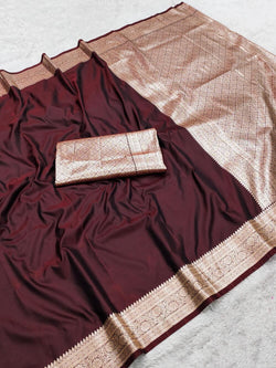 Ailurophile Brown Pure Zari Weaving Banarasi Silk Saree With Mesmeric Blouse Piece
