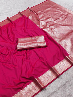 Forbearance Dark Pink Pure Zari Weaving Banarasi Silk Saree With Unique Blouse Piece