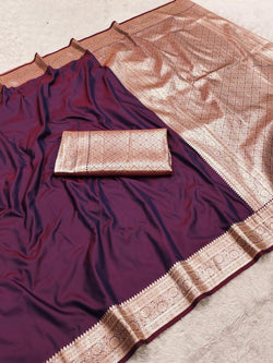 Elaborate Purple Pure Zari Weaving Banarasi Silk Saree With Pulsating Blouse Piece
