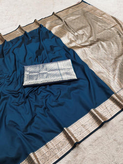 Proficient Teal Blue Pure Zari Weaving Banarasi Silk Saree With Luxuriant Blouse Piece