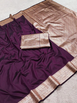 Bucolic Wine Pure Zari Weaving Banarasi Silk Saree With Comely Blouse Piece