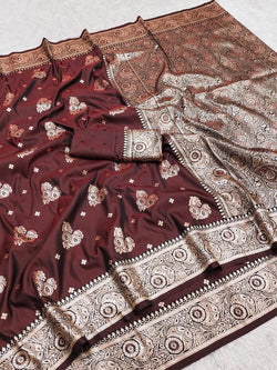 Woebegone Brown Pure Zari Weaving Banarasi Silk Saree With Palimpsest Blouse Piece