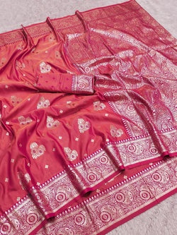 Supernal Pink Pure Zari Weaving Banarasi Silk Saree With Radiant Blouse Piece