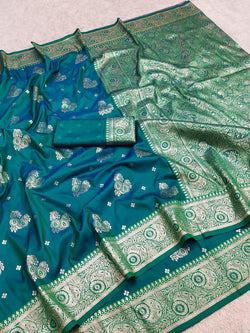 Lissome Rama Pure Zari Weaving Banarasi Silk Saree With Sensational Blouse Piece