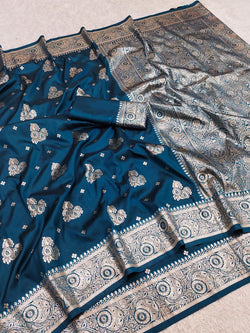 Refreshing Teal Blue Pure Zari Weaving Banarasi Silk Saree With Jazzy Blouse Piece