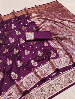 Amazing Wine Pure Zari Weaving Banarasi Silk Saree With Tantalizing Blouse Piece