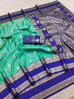Preferable Firozi Pure Zari Weaving Banarasi Silk Saree With Traditional Blouse Piece