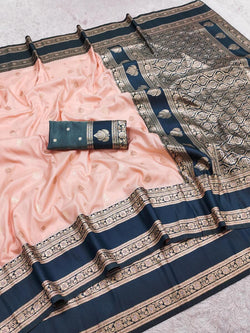 Divine Peach Pure Zari Weaving Banarasi Silk Saree With Dulcet Blouse Piece