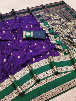 Mesmerising Purple Pure Zari Weaving Banarasi Silk Saree With Flaunt Blouse Piece
