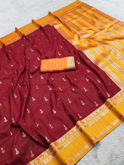 Whimsical Maroon Pure Zari Weaving Banarasi Silk Saree With Snazzy Blouse Piece
