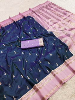 Propinquity Navy Blue Pure Zari Weaving Banarasi Silk Saree With Zephyr Blouse Piece