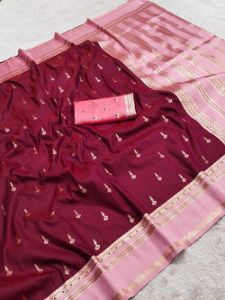 Fantabulous Wine Pure Zari Weaving Banarasi Silk Saree With Extraordinary Blouse Piece