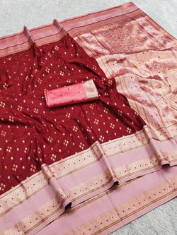 Glittering Maroon Pure Zari Weaving Banarasi Silk Saree With Murmurous Blouse Piece
