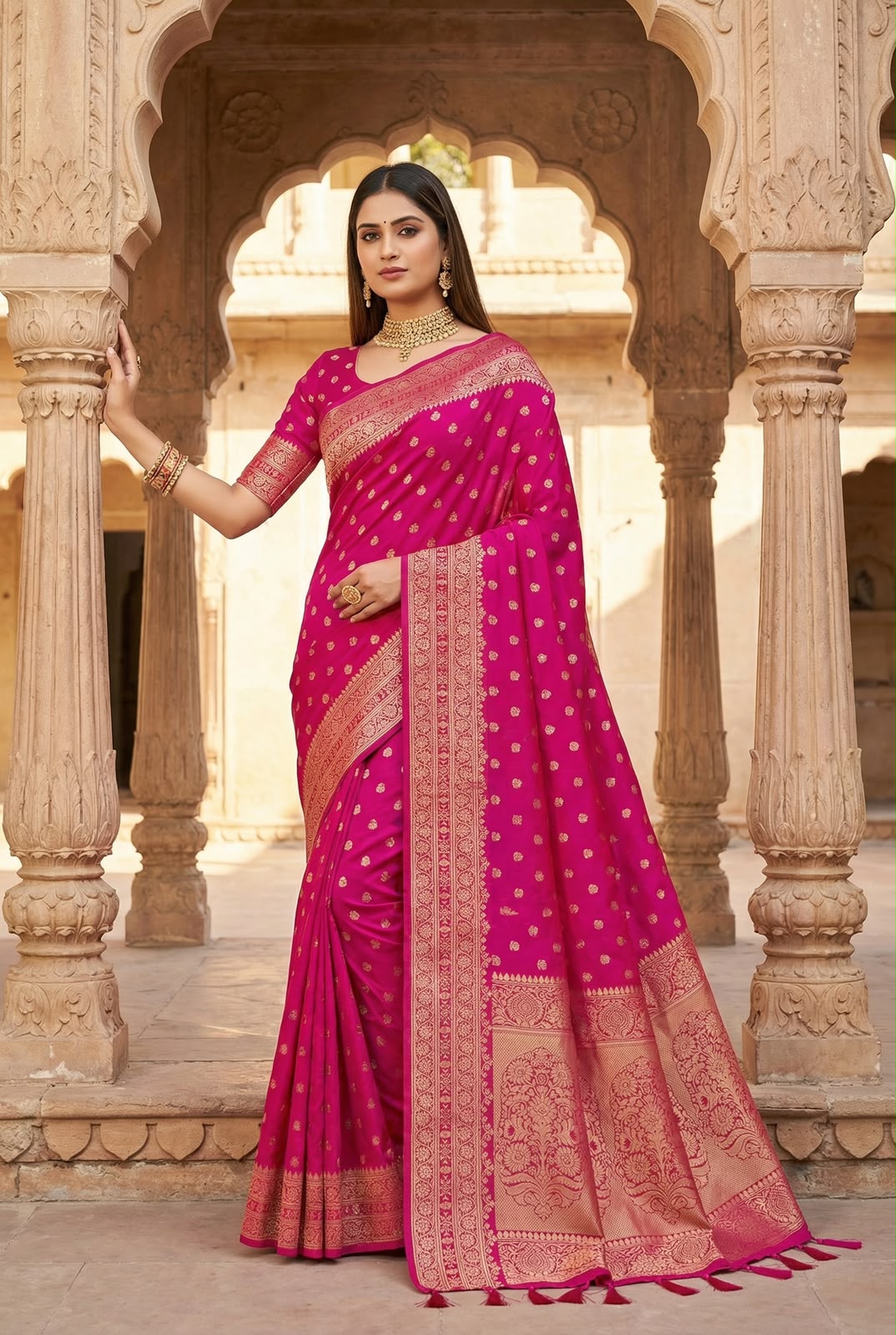 Elaborate Dark Pink Pure Viscose Dola Silk Saree With Eclat Blouse Piece