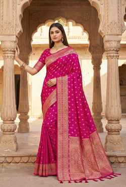 Elaborate Dark Pink Pure Viscose Dola Silk Saree With Eclat Blouse Piece