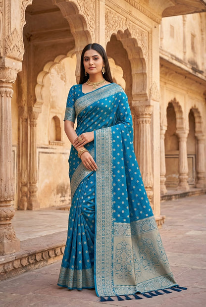 Designer Firozi Pure Viscose Dola Silk Saree With Panoply Blouse Piece