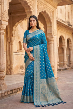 Designer Firozi Pure Viscose Dola Silk Saree With Panoply Blouse Piece