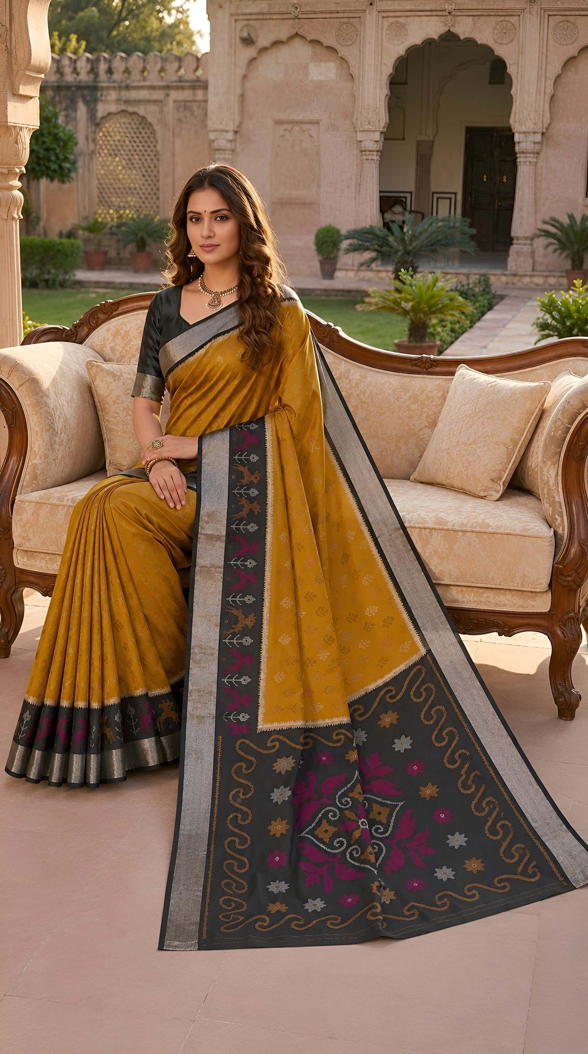 Imbrication Mustard Pure Banarasi Silk Saree With Prettiest Blouse Piece
