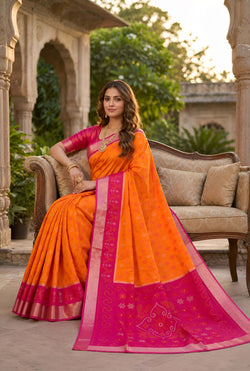 Adorable Orange Pure Banarasi Silk Saree With Pulsating Blouse Piece