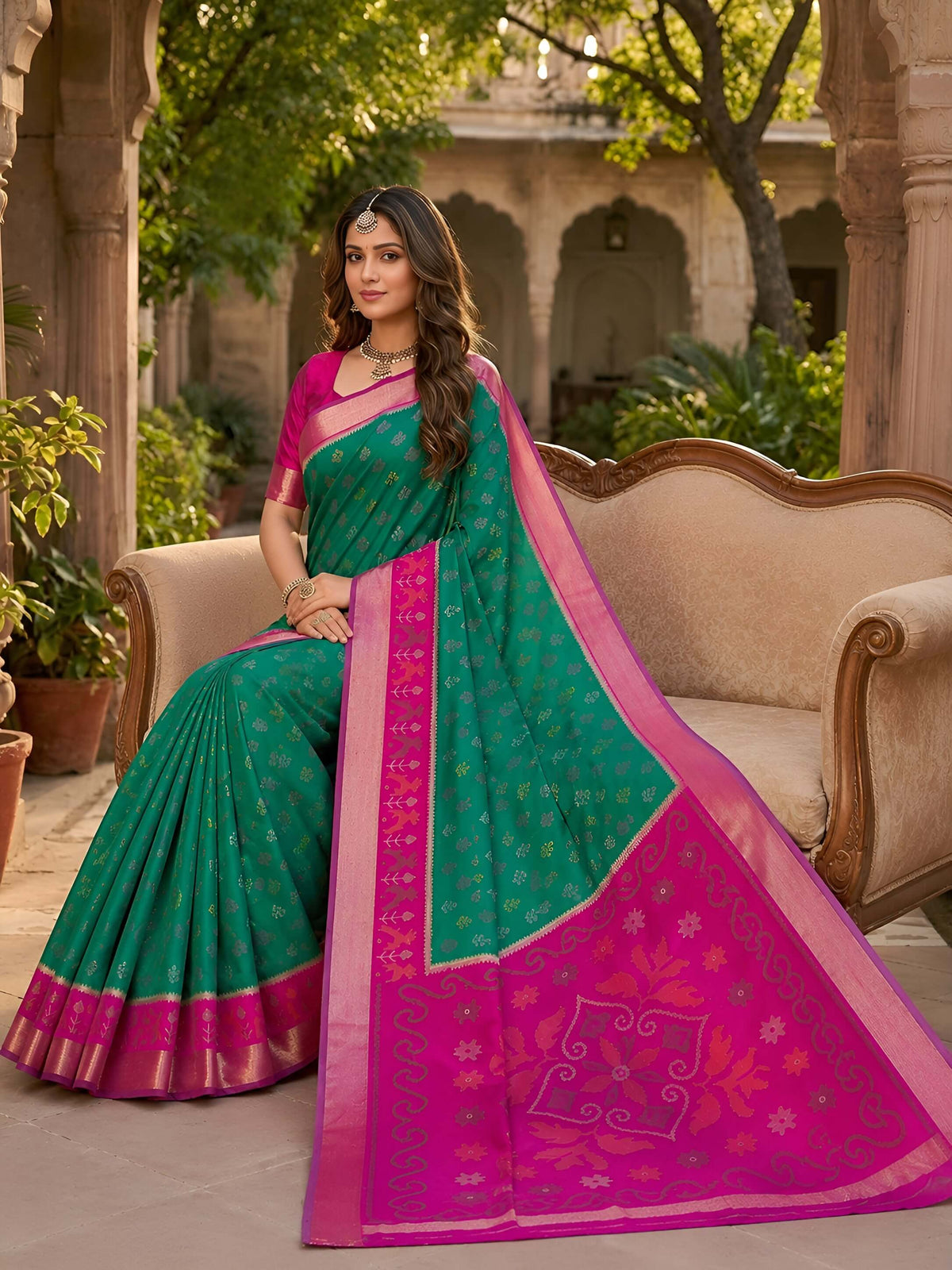 Lassitude Rama Pure Banarasi Silk Saree With Exuberant Blouse Piece