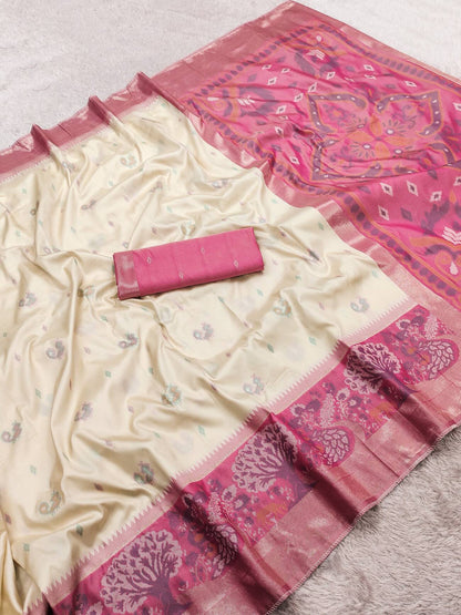 Pulsating Beige Banarasi Pochampally Silk Saree With Resonant Blouse Piece