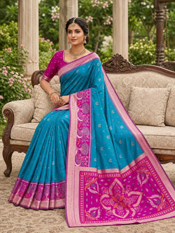 Majestic Firozi Banarasi Pochampally Silk Saree With Charming Blouse Piece