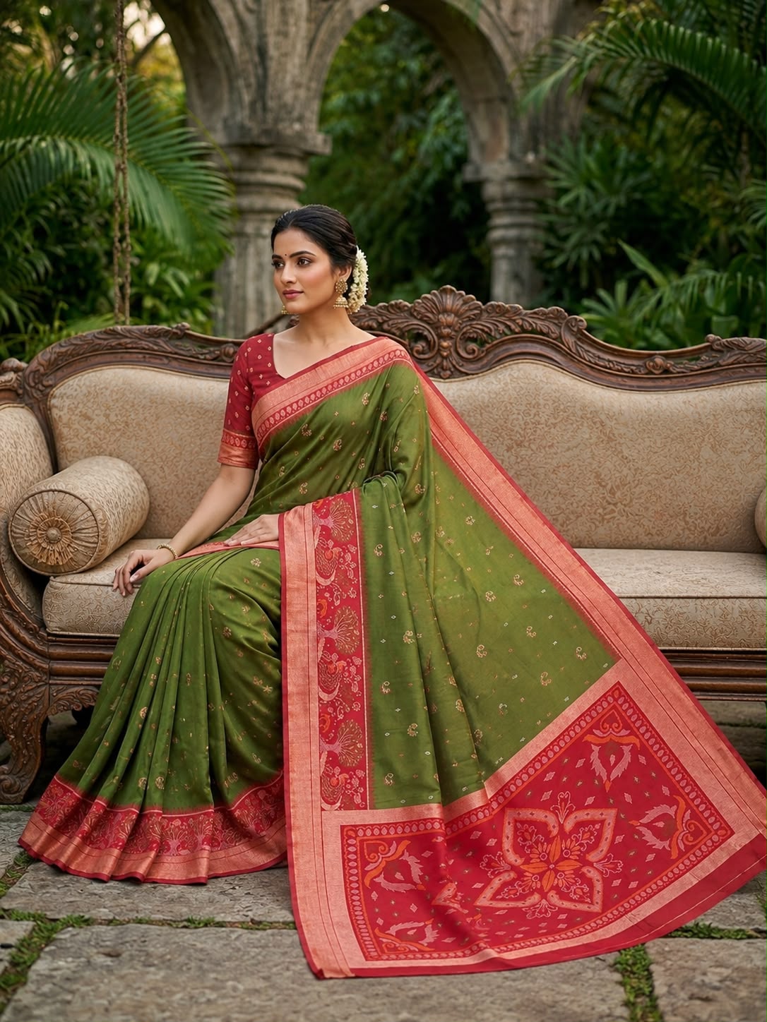 Fragrant Green Banarasi Pochampally Silk Saree With Devastating Blouse Piece