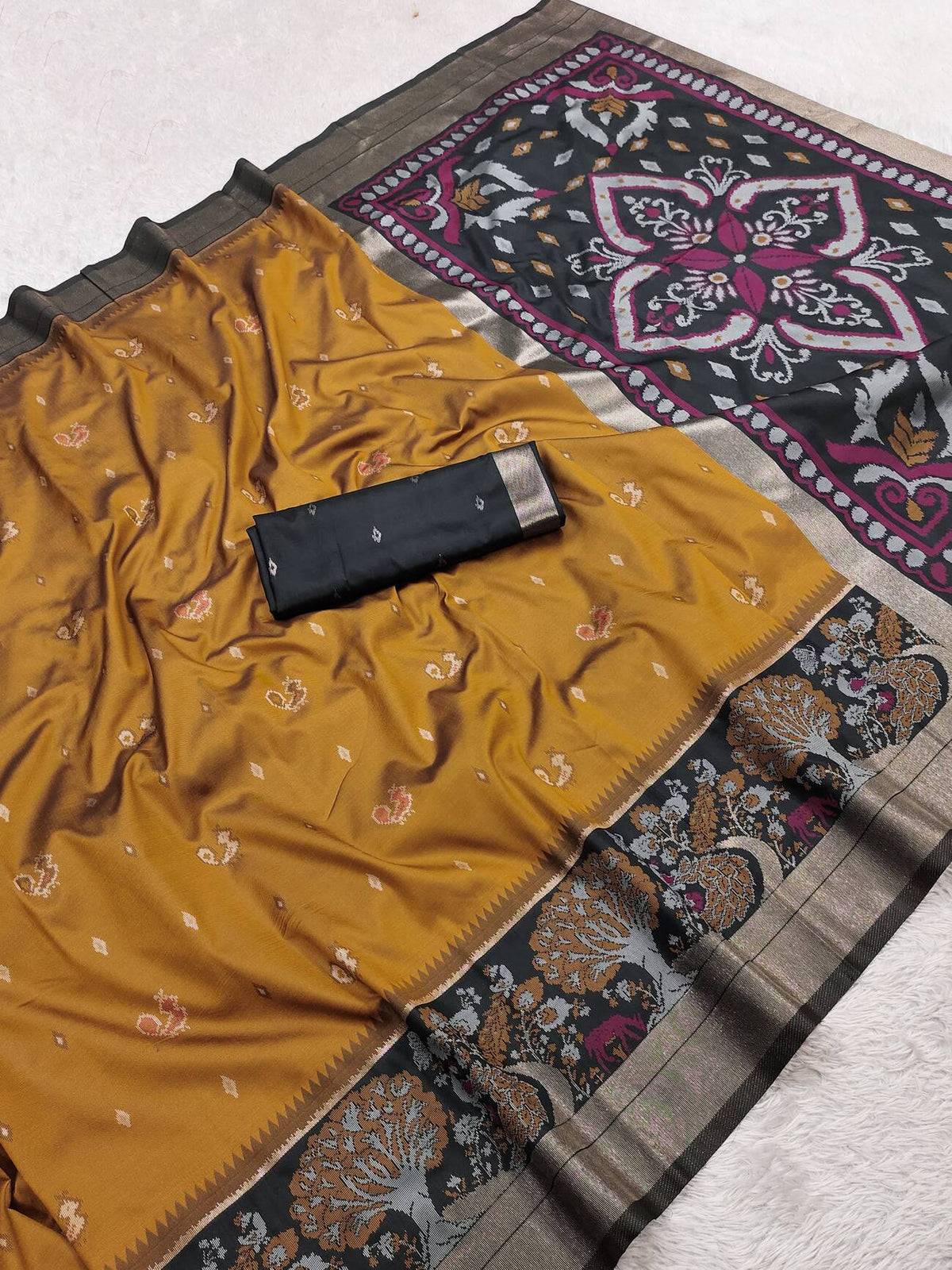 Rhapsody Mustard Banarasi Pochampally Silk Saree With Energetic Blouse Piece