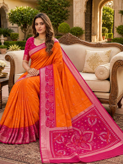 Imbrication Orange Banarasi Pochampally Silk Saree With Smart Blouse Piece