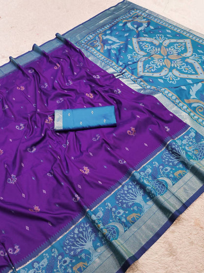 Denouement Purple Banarasi Pochampally Silk Saree With Eclat Blouse Piece