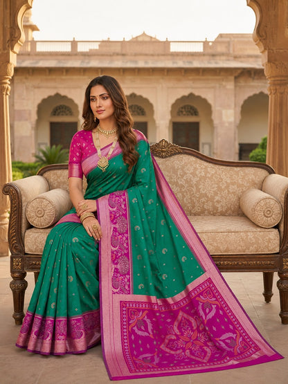 Exceptional Rama Banarasi Pochampally Silk Saree With Lovely Blouse Piece