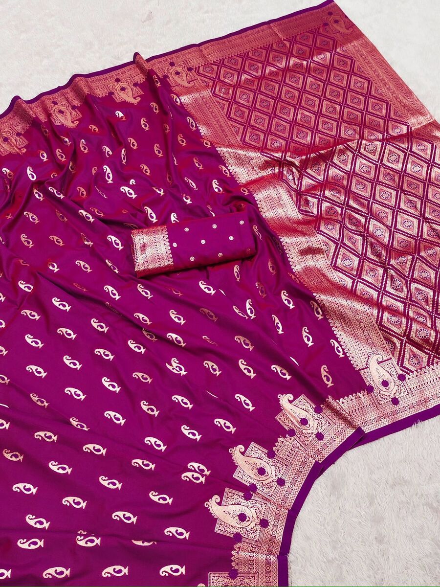 Nectarous Wine Soft Banarasi Silk Saree With Snappy Blouse Piece