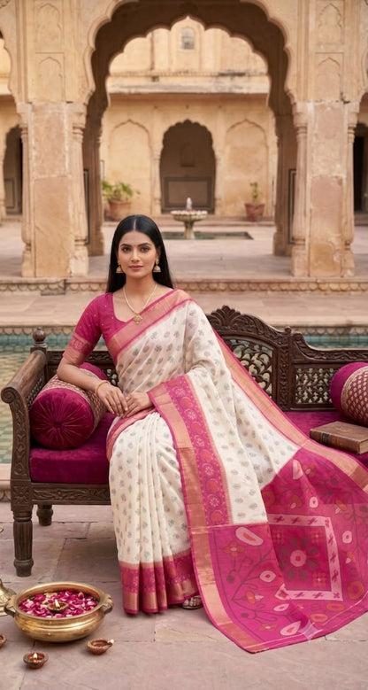 Breathtaking Beige Banarasi Pochampally Silk Saree With Refreshing Blouse Piece