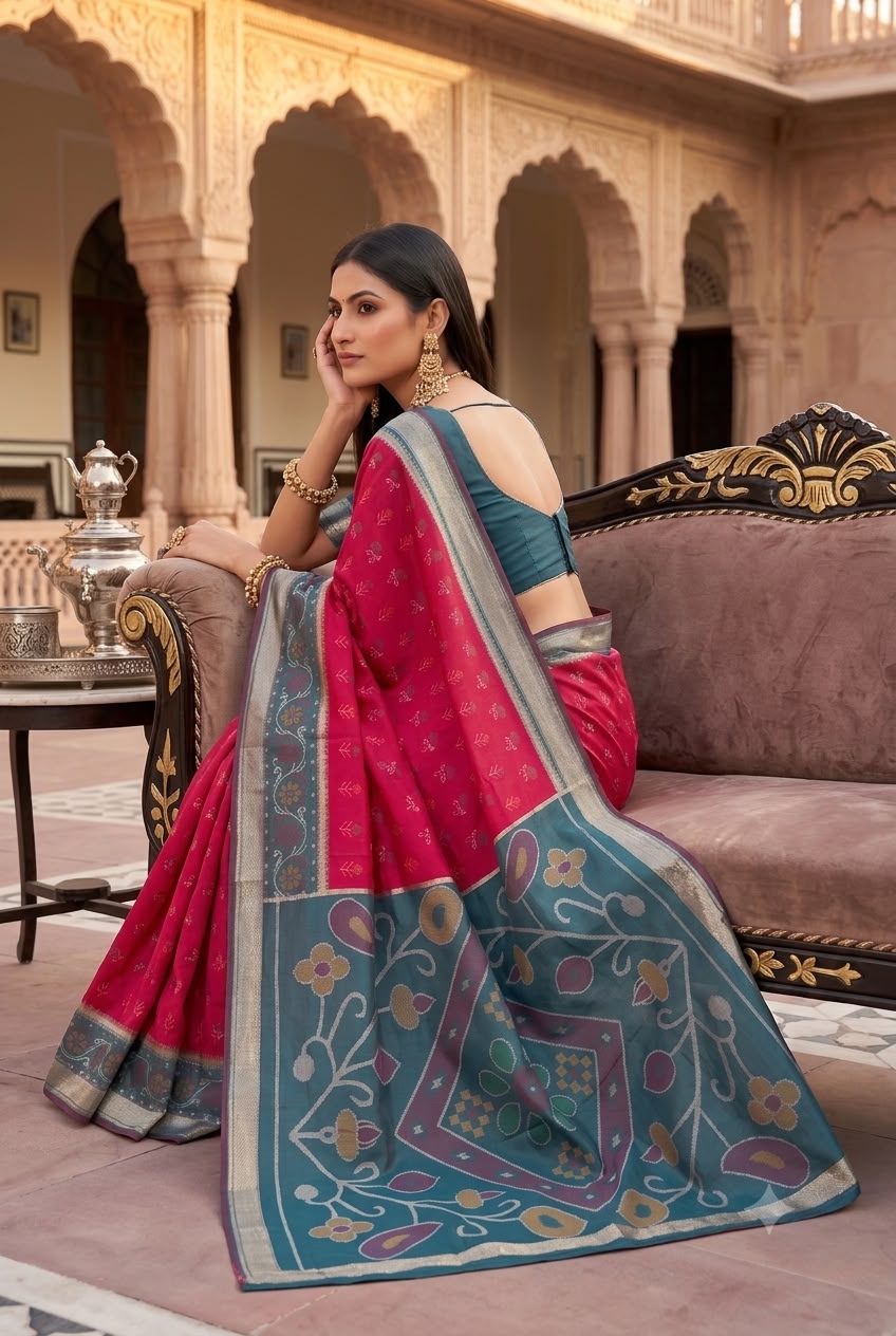 Panache Dark Pink Banarasi Pochampally Silk Saree With Trendy Blouse Piece