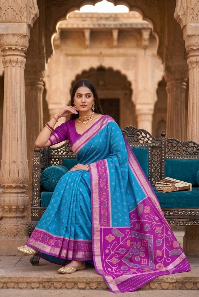 Gratifying Firozi Banarasi Pochampally Silk Saree With Traditional Blouse Piece