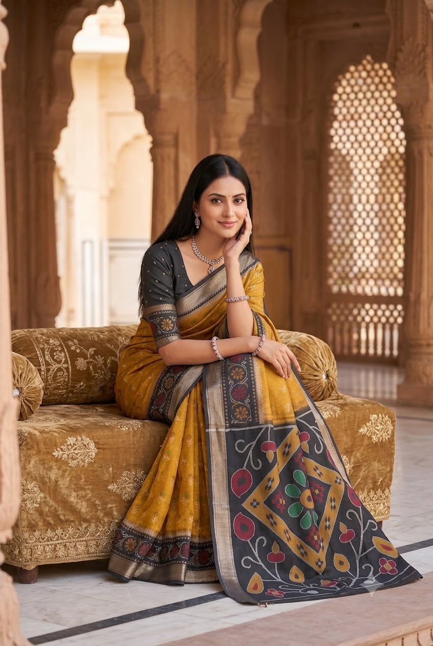 Glowing Mustard Banarasi Pochampally Silk Saree With Nebula Blouse Piece