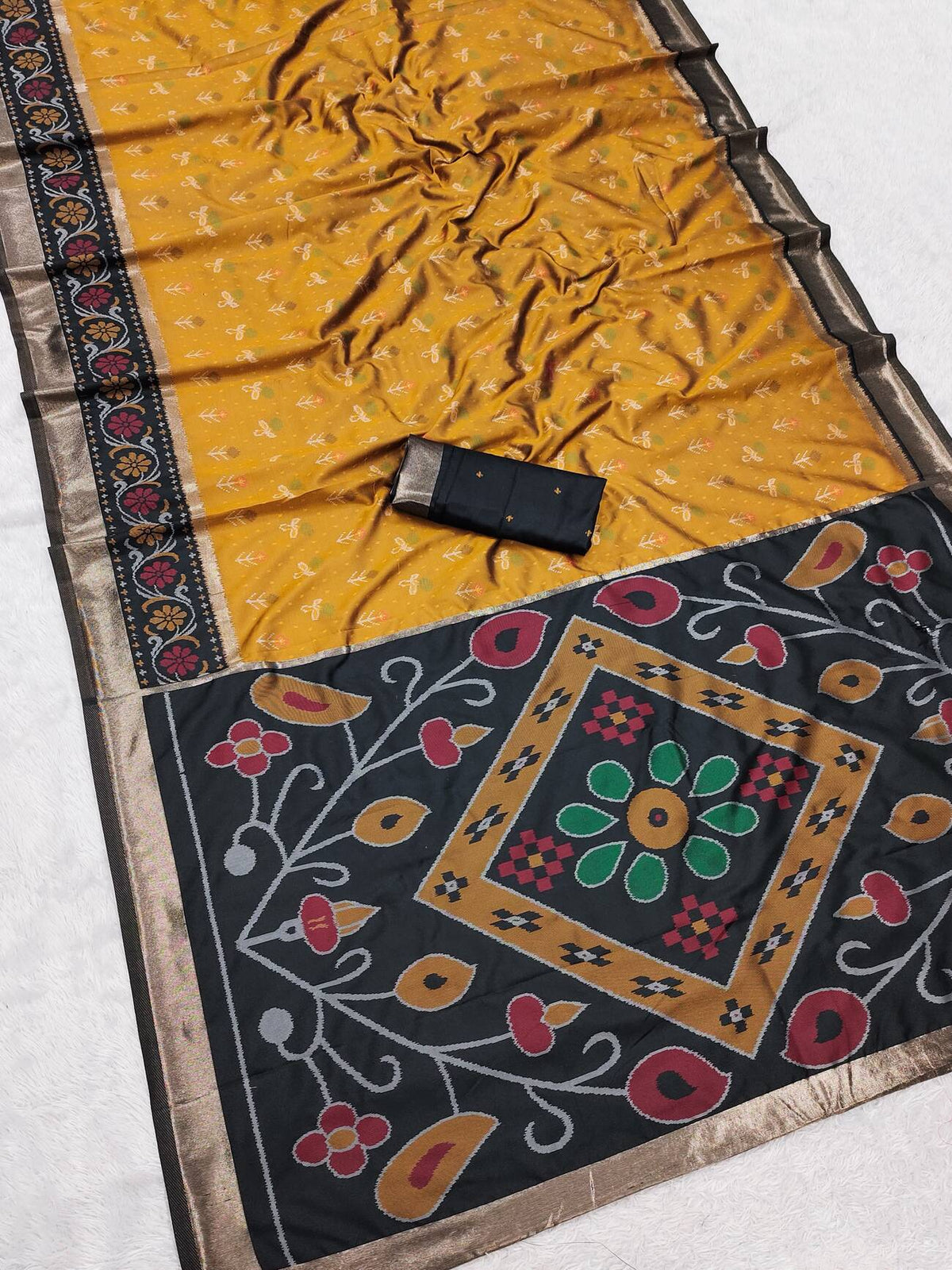 Glowing Mustard Banarasi Pochampally Silk Saree With Nebula Blouse Piece