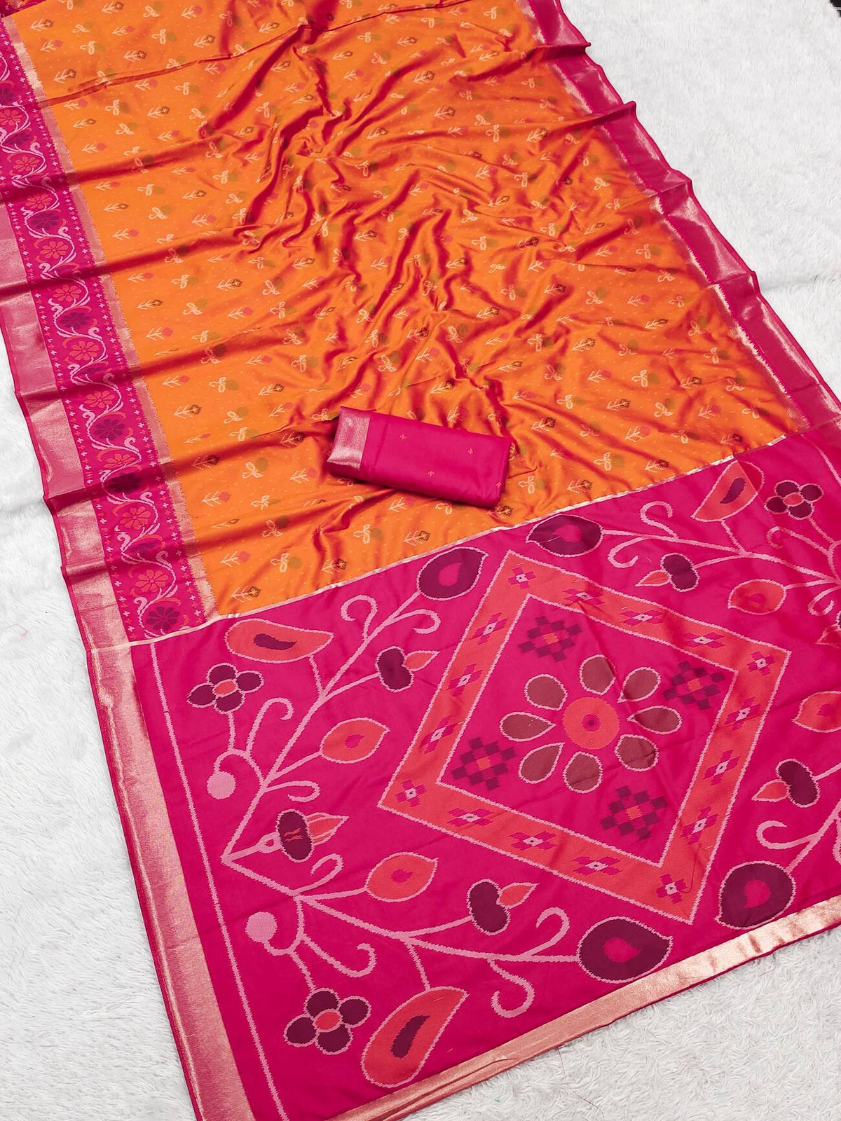 Aplomb Orange Banarasi Pochampally Silk Saree With Eloquence Blouse Piece