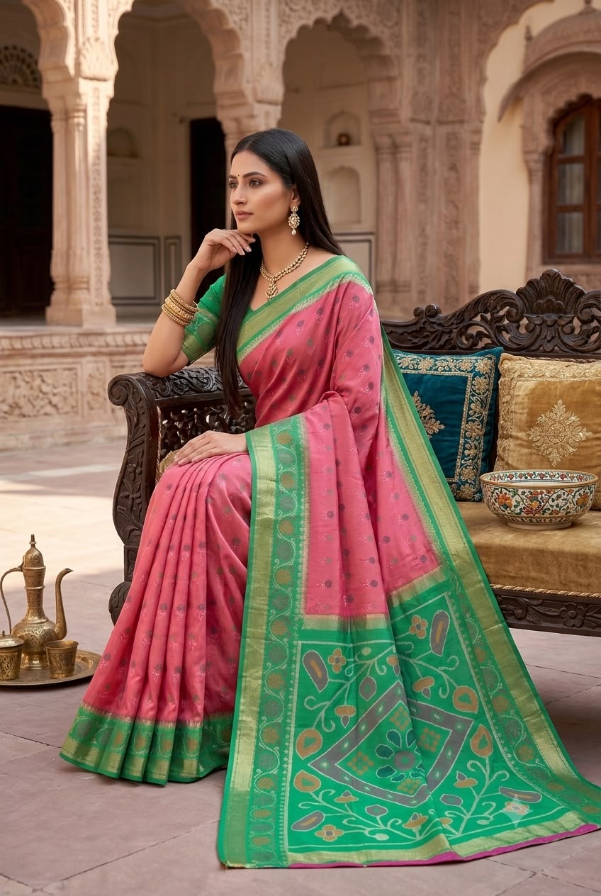 Radiant Pink Banarasi Pochampally Silk Saree With Gossamer Blouse Piece