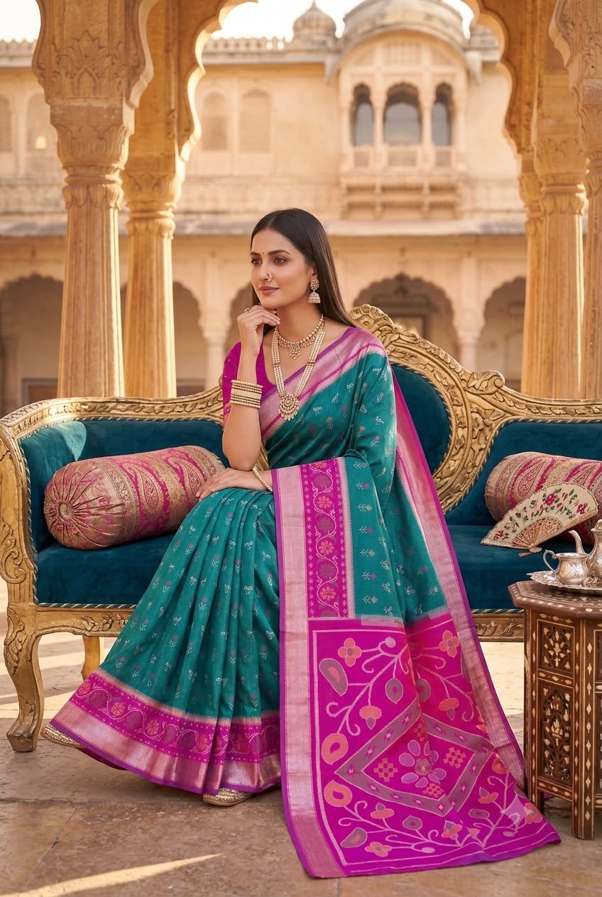 Whimsical Rama Banarasi Pochampally Silk Saree With Supernal Blouse Piece