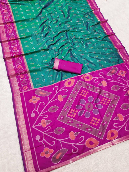 Whimsical Rama Banarasi Pochampally Silk Saree With Supernal Blouse Piece