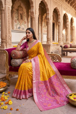 Scintilla Yellow Banarasi Pochampally Silk Saree With Lassitude Blouse Piece